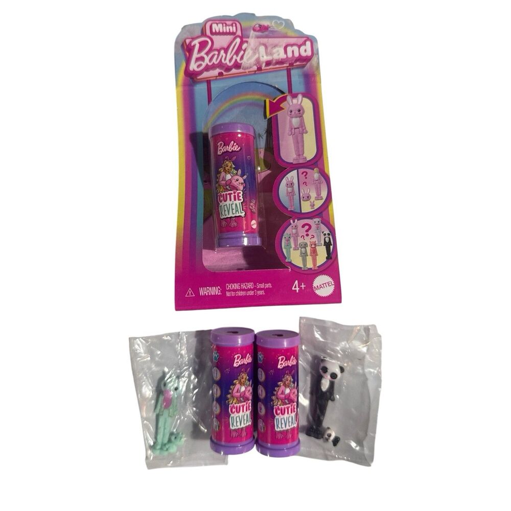 Mini Barbie Land Cutie Reveal Lot 3 Black Panda Pink Bunny Blue Unicorn Mattel
